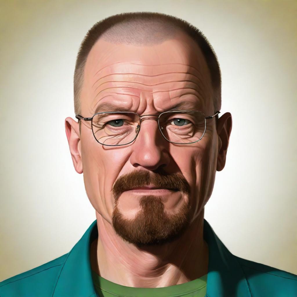 A cartoon rendition of Walter White from Breaking Bad, presenting his distinct features and style in a stylized, exaggerated, and colorful form, maintaining his recognizable essence.