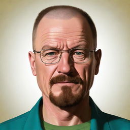 A cartoon rendition of Walter White from Breaking Bad, presenting his distinct features and style in a stylized, exaggerated, and colorful form, maintaining his recognizable essence.