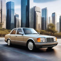 Create an image of a classic Mercedes-Benz W124 car, but updated for the year 2024