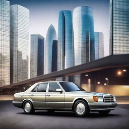 Create an image of a classic Mercedes-Benz W124 car, but updated for the year 2024