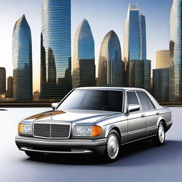 Create an image of a classic Mercedes-Benz W124 car, but updated for the year 2024