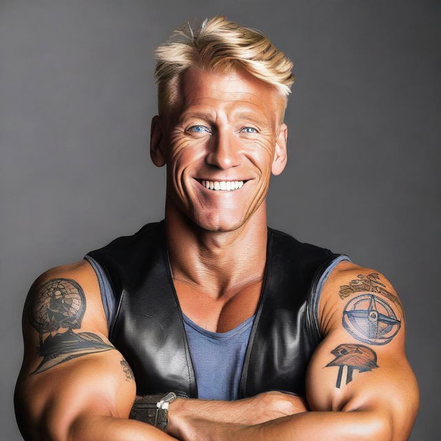 A tall, muscular man with tanned skin and short blond hair