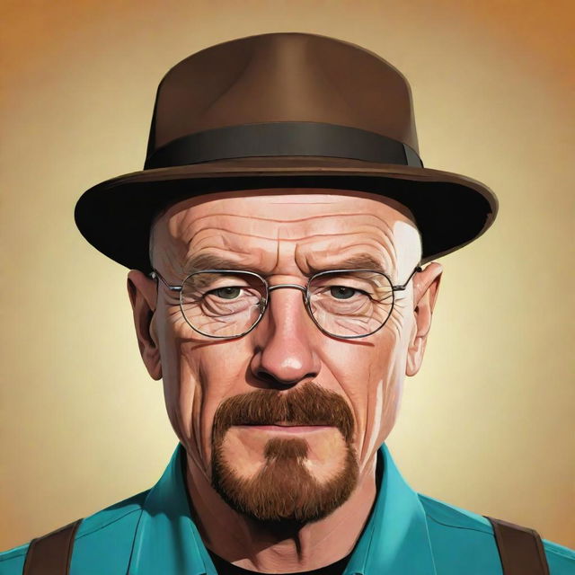 A cartoon rendition of Walter White from Breaking Bad, presenting his distinct features and style in a stylized, exaggerated, and colorful form, maintaining his recognizable essence.