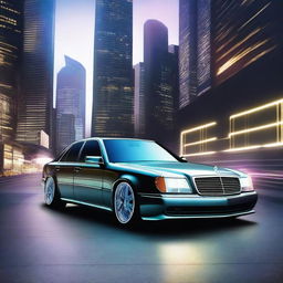 Create an image of a Mercedes-Benz W124 car with a futuristic and modern twist