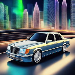 Create an image of a Mercedes-Benz W124 car with a futuristic and modern twist