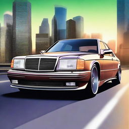 Create an image of a Mercedes-Benz W124 car with a futuristic and modern twist