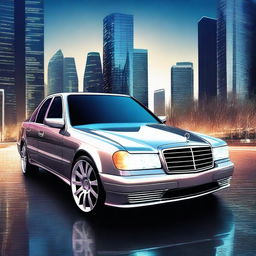 Create an image of a Mercedes-Benz W124 car with a futuristic and modern twist