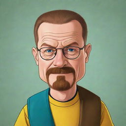 A kid-friendly, cartoon version of Walter White from Breaking Bad, featuring his trademark attributes translated into a wholesome, colorful caricature while maintaining his recognizable identity.