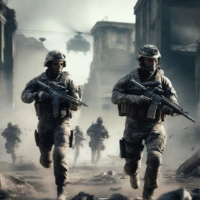 A highly detailed and realistic scene from Call of Duty, featuring soldiers in combat gear, intense action, and a war-torn environment