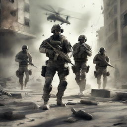 A highly detailed and realistic scene from Call of Duty, featuring soldiers in combat gear, intense action, and a war-torn environment