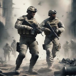 A highly detailed and realistic scene from Call of Duty, featuring soldiers in combat gear, intense action, and a war-torn environment