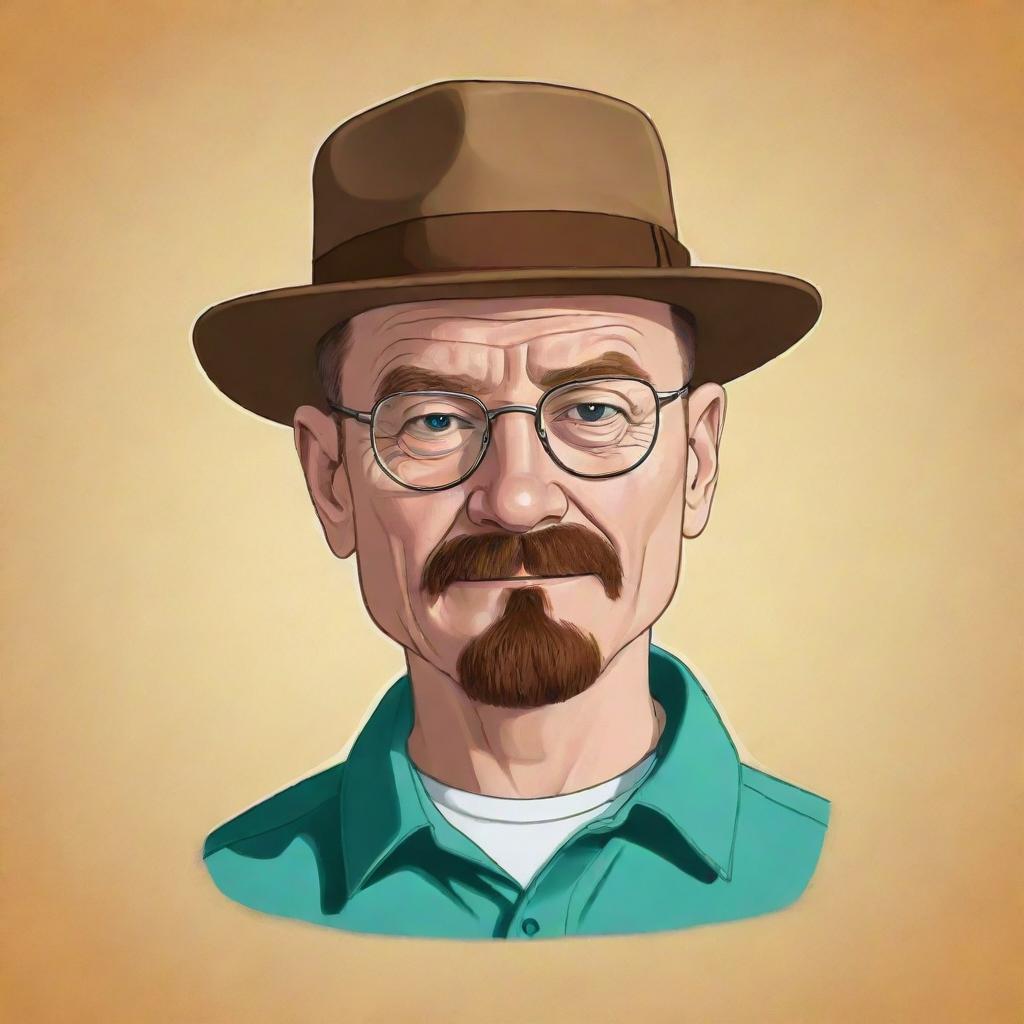 A kid-friendly, cartoon version of Walter White from Breaking Bad, featuring his trademark attributes translated into a wholesome, colorful caricature while maintaining his recognizable identity.