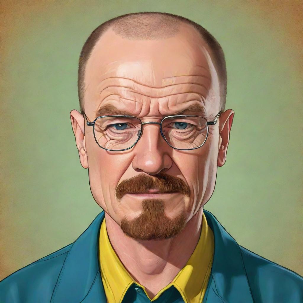 A kid-friendly, cartoon version of Walter White from Breaking Bad, featuring his trademark attributes translated into a wholesome, colorful caricature while maintaining his recognizable identity.