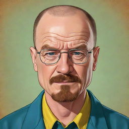 A kid-friendly, cartoon version of Walter White from Breaking Bad, featuring his trademark attributes translated into a wholesome, colorful caricature while maintaining his recognizable identity.