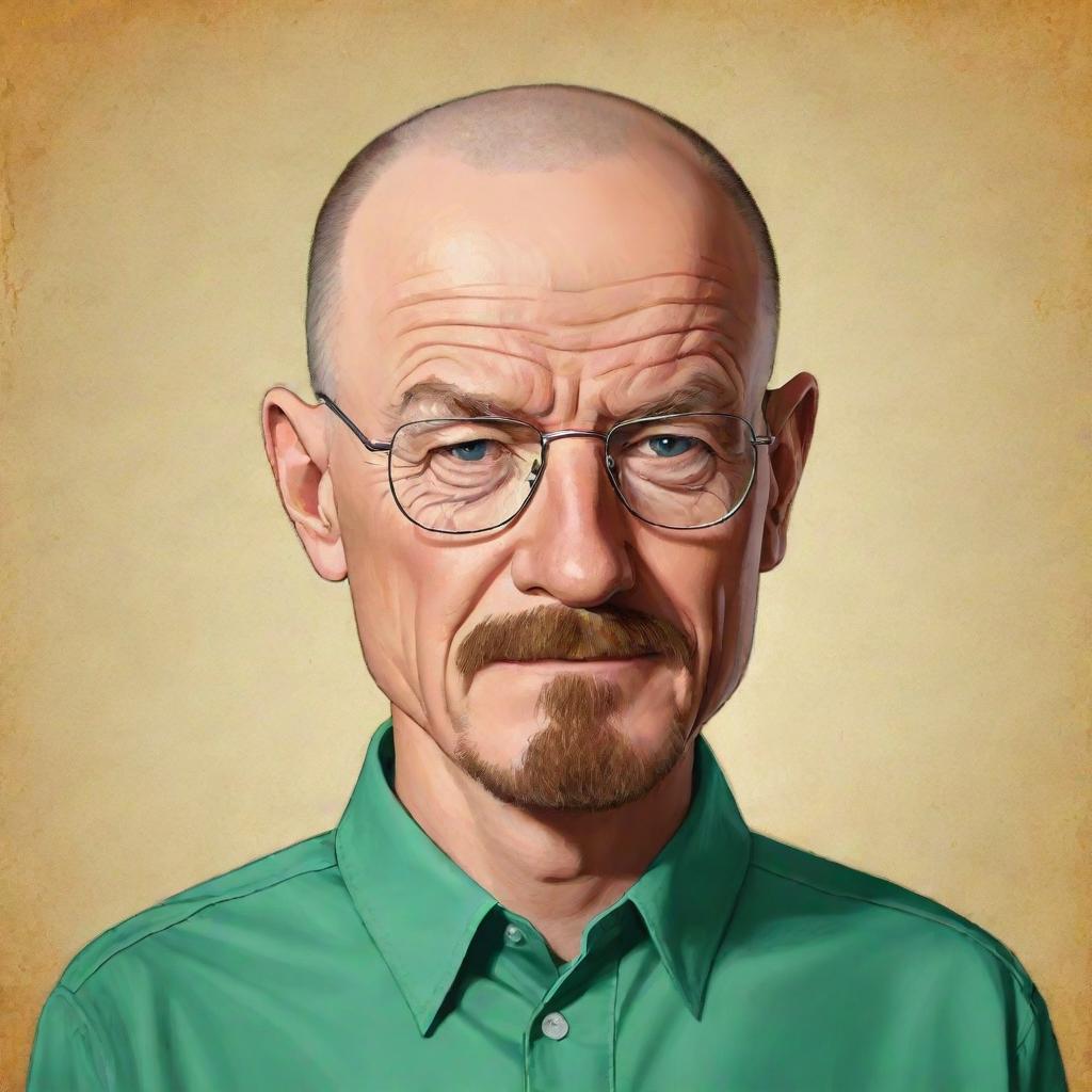 A kid-friendly, cartoon version of Walter White from Breaking Bad, featuring his trademark attributes translated into a wholesome, colorful caricature while maintaining his recognizable identity.