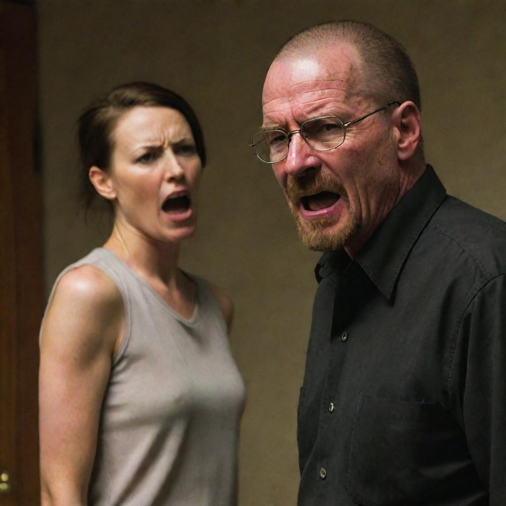 A confronting scene of Walter White from Breaking Bad, intensely yelling at his wife. His expression fierce and full of emotion, he towers imposingly in the frame transmitting tension.