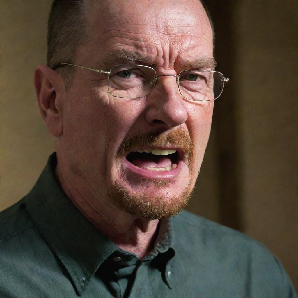 A confronting scene of Walter White from Breaking Bad, intensely yelling at his wife. His expression fierce and full of emotion, he towers imposingly in the frame transmitting tension.