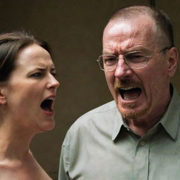 A confronting scene of Walter White from Breaking Bad, intensely yelling at his wife. His expression fierce and full of emotion, he towers imposingly in the frame transmitting tension.