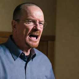 A confronting scene of Walter White from Breaking Bad, intensely yelling at his wife. His expression fierce and full of emotion, he towers imposingly in the frame transmitting tension.