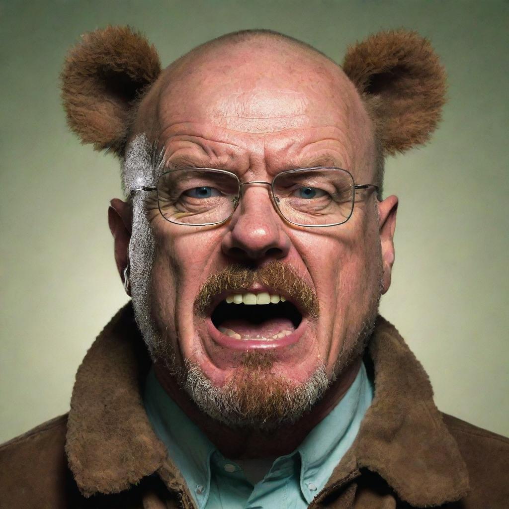 A whimsical interpretation of Walter White from Breaking Bad, seemingly engaged in a heated rant towards his wife, humorously portrayed as a bear. The scene is full of bewildering surprise and exaggerated expressions.