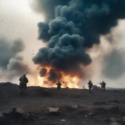 A dramatic and intense scene of a battlefield during a war