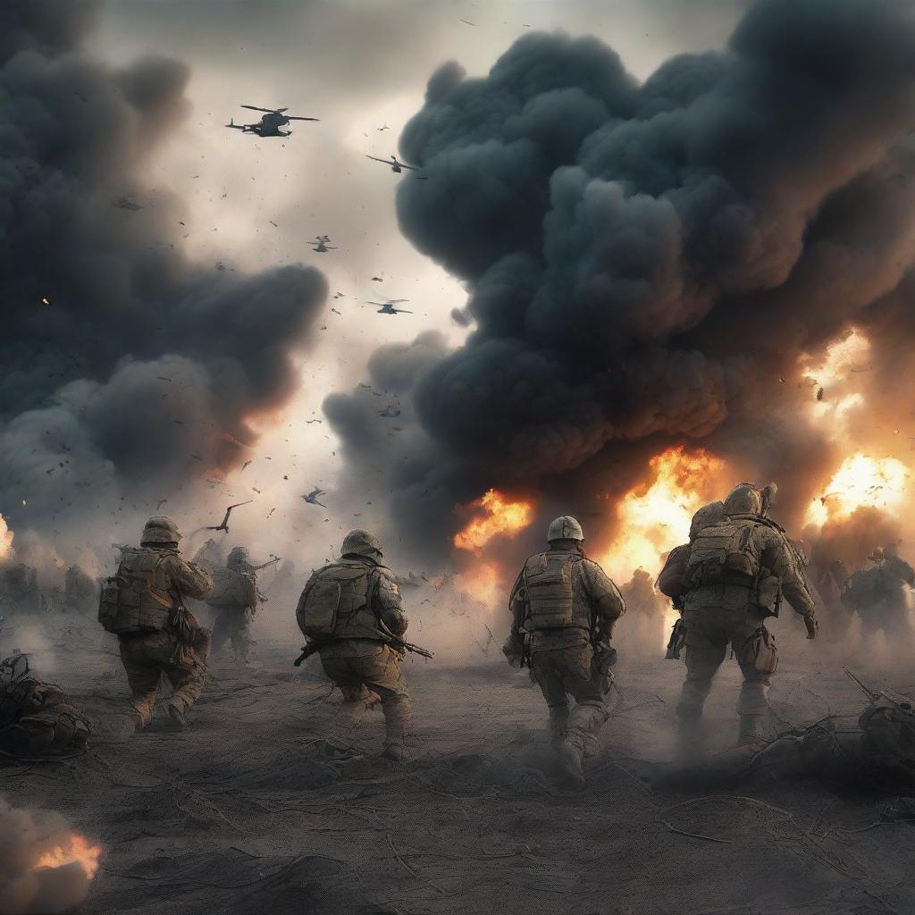 A dramatic and intense battlefield scene with soldiers in combat, explosions, and smoke filling the air