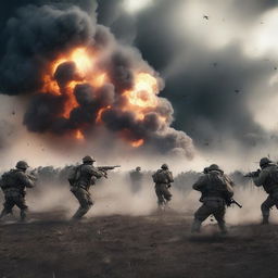 A dramatic and intense battlefield scene with soldiers in combat, explosions, and smoke filling the air