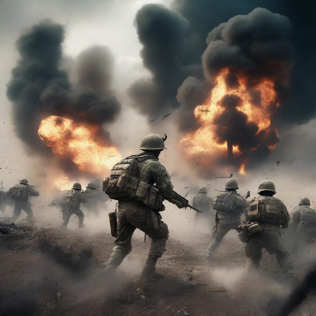 A dramatic and intense battlefield scene with soldiers in combat, explosions, and smoke filling the air