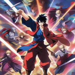 A vibrant and dynamic anime poster featuring heroic characters in an epic battle scene