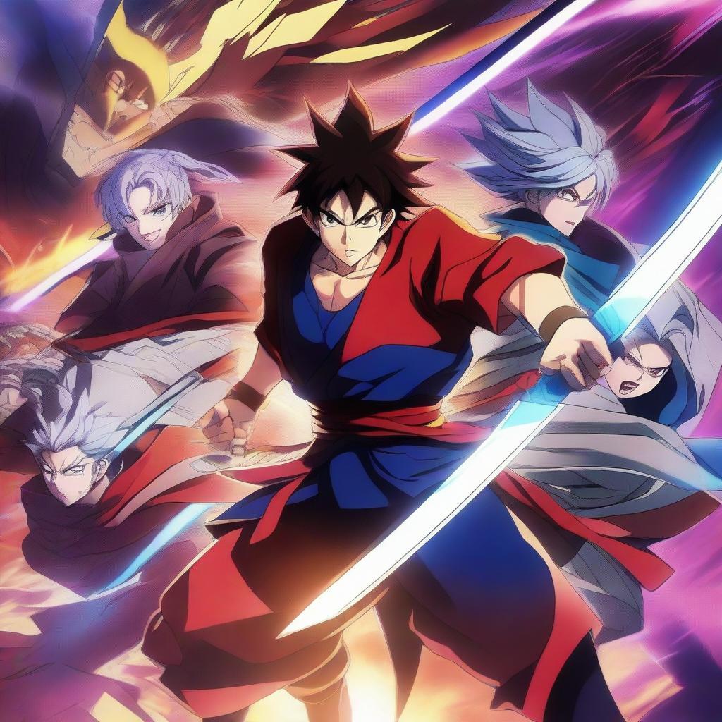 A vibrant and dynamic anime poster featuring heroic characters in an epic battle scene