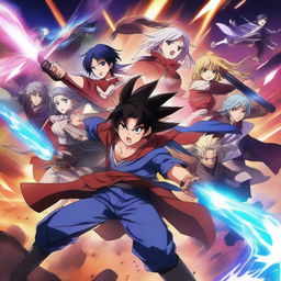 A vibrant and dynamic anime poster featuring heroic characters in an epic battle scene