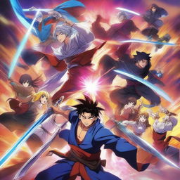 A vibrant and dynamic anime poster featuring heroic characters in an epic battle scene