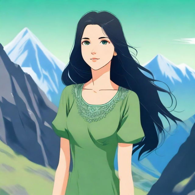 A young girl with long black hair and green eyes standing in the middle of a mountain range