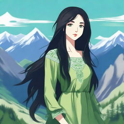 A young girl with long black hair and green eyes standing in the middle of a mountain range