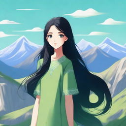 A young girl with long black hair and green eyes standing in the middle of a mountain range