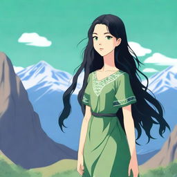 A young girl with long black hair and green eyes standing in the middle of a mountain range