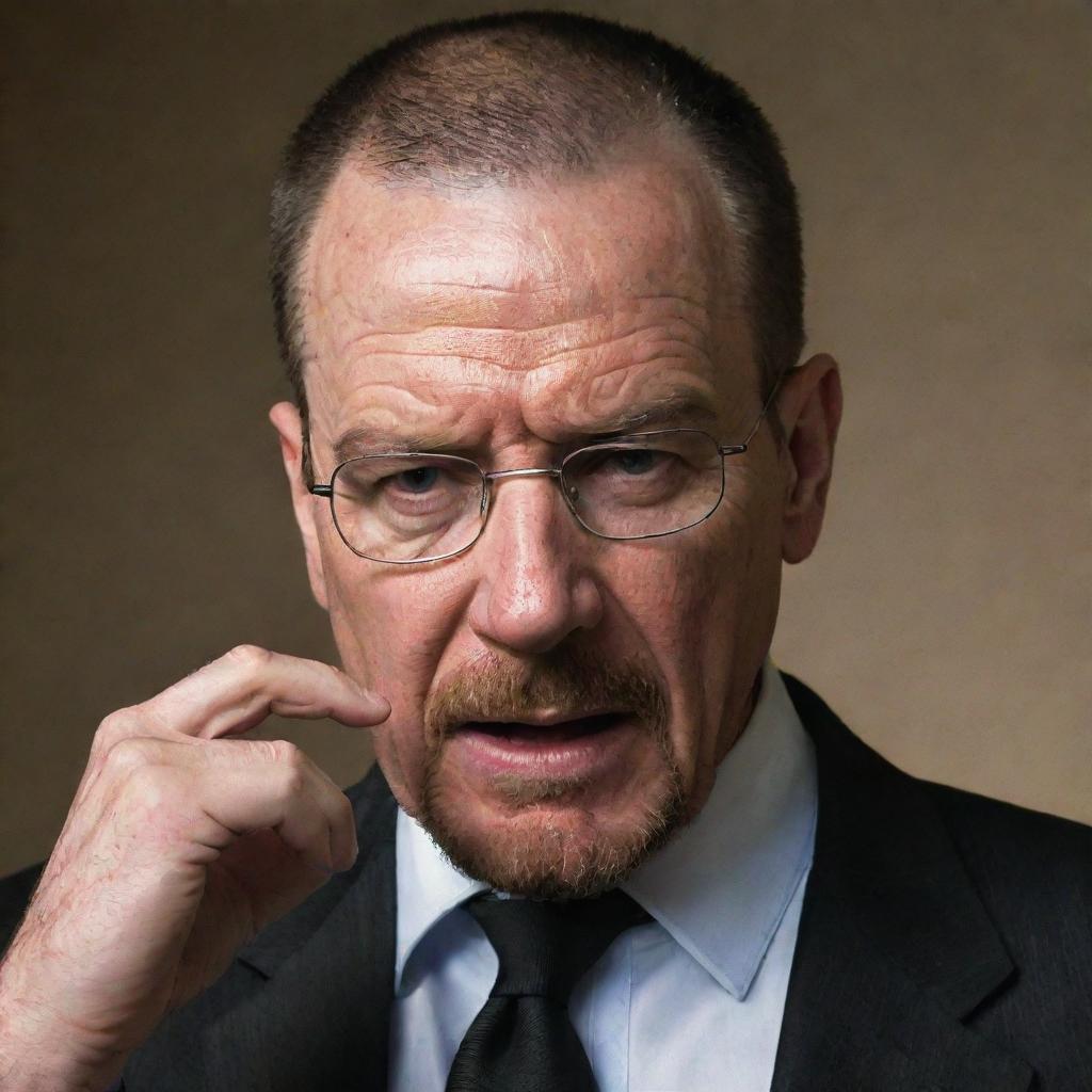 An impassioned Walter White from Breaking Bad, caught mid-yell, engaged in an intense debate about walls. His eyes brim with determination and his gestures speak of his conviction.