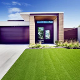 Design a visually striking front of a house with a modern architectural style, manicured front yard and a welcoming entrance.