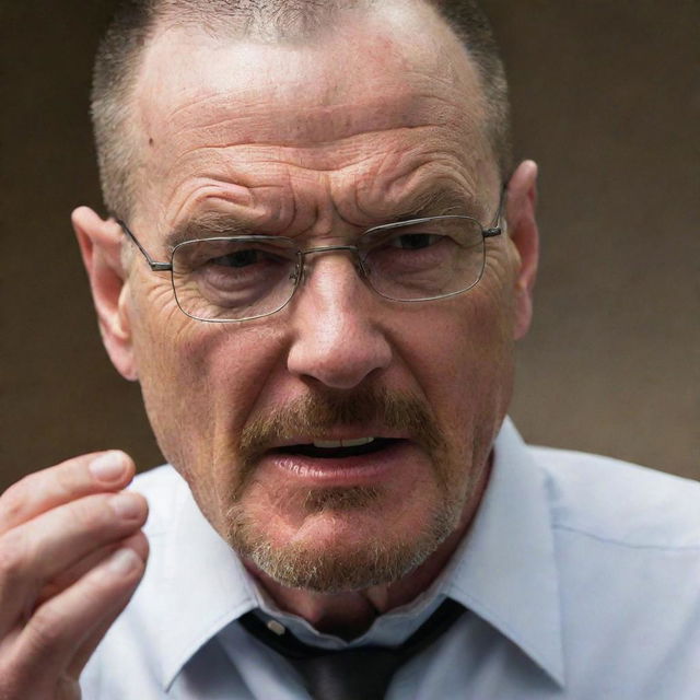 An impassioned Walter White from Breaking Bad, caught mid-yell, engaged in an intense debate about walls. His eyes brim with determination and his gestures speak of his conviction.