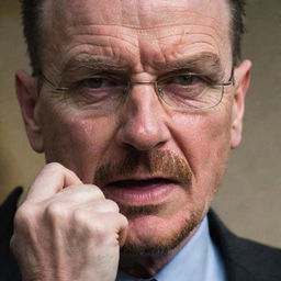 An impassioned Walter White from Breaking Bad, caught mid-yell, engaged in an intense debate about walls. His eyes brim with determination and his gestures speak of his conviction.