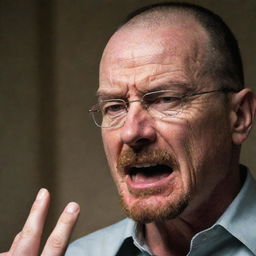 An impassioned Walter White from Breaking Bad, caught mid-yell, engaged in an intense debate about walls. His eyes brim with determination and his gestures speak of his conviction.