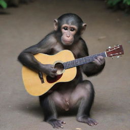 A playful monkey skillfully strumming an acoustic guitar