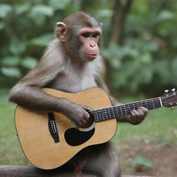 A playful monkey skillfully strumming an acoustic guitar