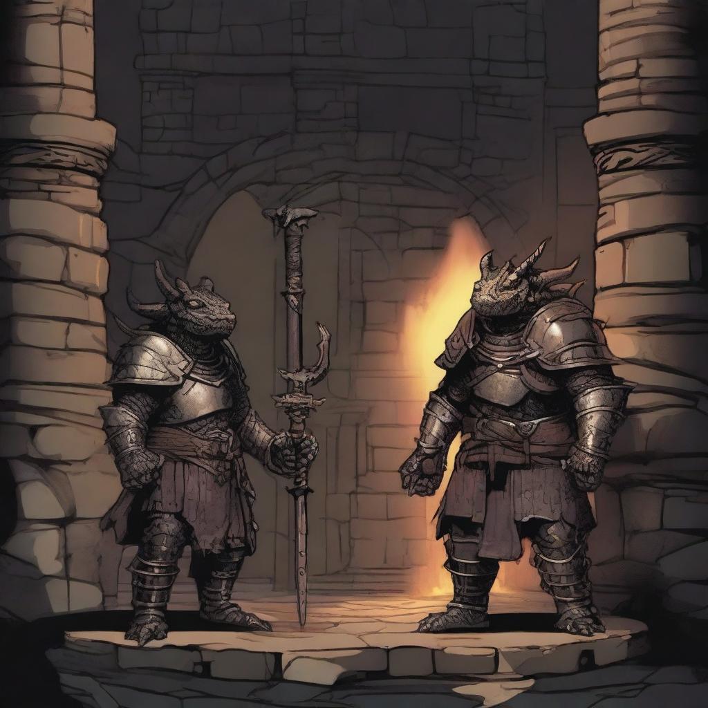 Two armored hobgoblins stand in a dungeon-like setting with an open grilled iron gate behind them