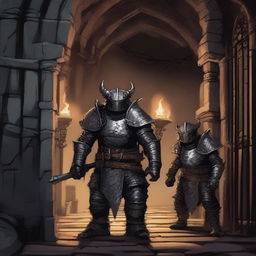 Two armored hobgoblins stand in a dungeon-like setting with an open grilled iron gate behind them