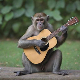 A playful monkey skillfully strumming an acoustic guitar