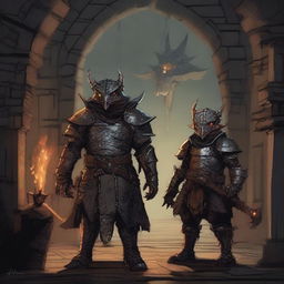 Two armored hobgoblins stand in a dungeon-like setting with an open grilled iron gate behind them