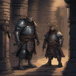 Two armored hobgoblins stand in a dungeon-like setting with an open grilled iron gate behind them