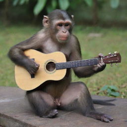 A playful monkey skillfully strumming an acoustic guitar