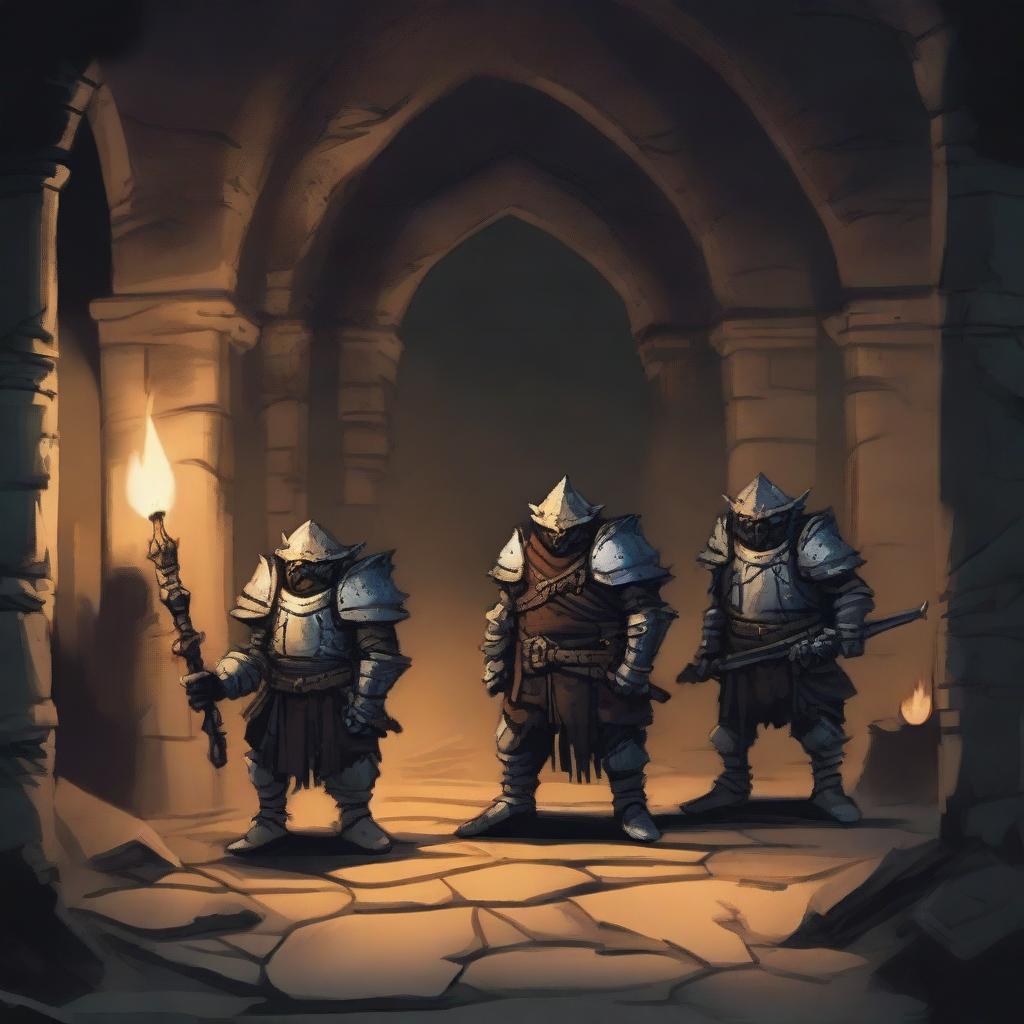 Two armored hobgoblins stand in front of an open grilled iron gate in an underground arena setting